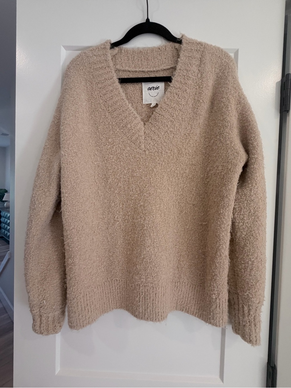 aerie Bouclé V-Neck Sweater in Light Beige